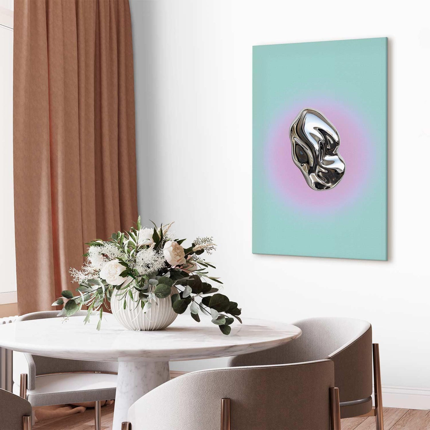 Leinwandbild - Metallic Form - Abstract Sculpture on a Mint Background with a Purple Halo Artgeist