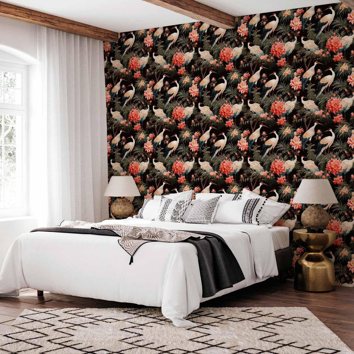 Tapete - Ornament with birds - silhouettes of cranes and peony flowers on a dark background