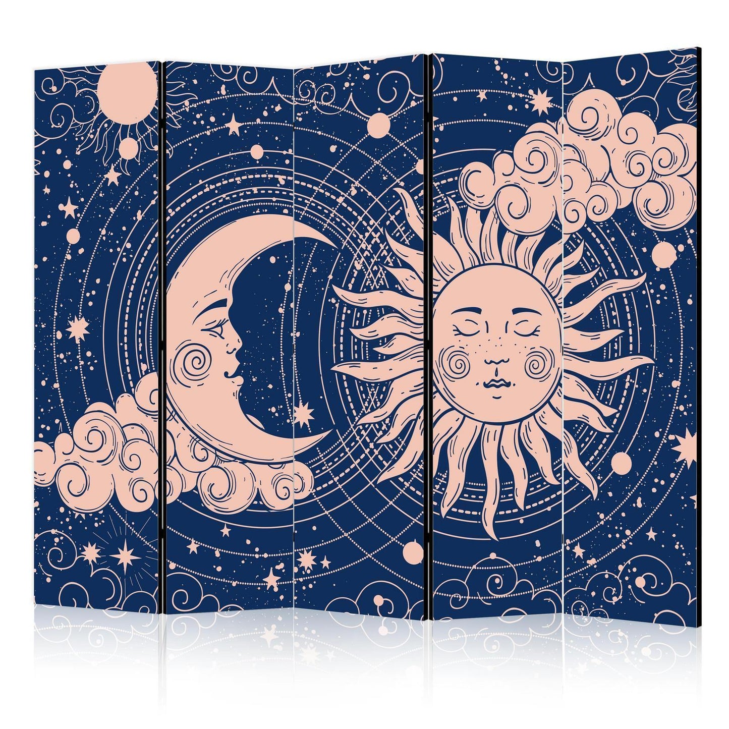 Paravent - Cosmic Harmony - Illustration of the Sun and Moon on a Navy Background Artgeist