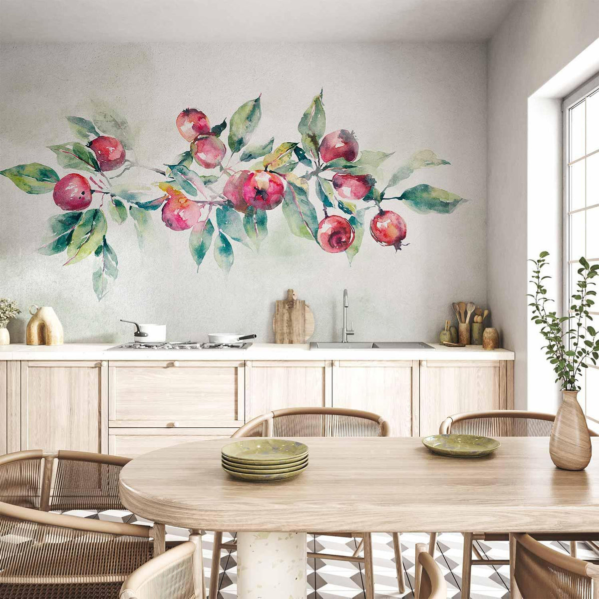 Fototapete - Apple branch - landscape with a plant and red apples on a white background