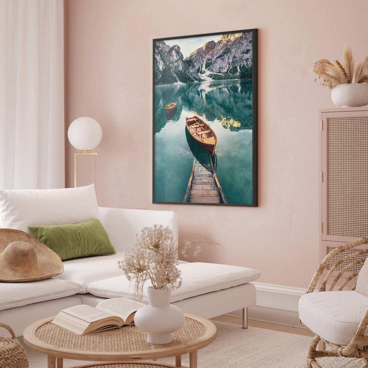 Poster of Boats in the Dolomites in a modern living room setting.