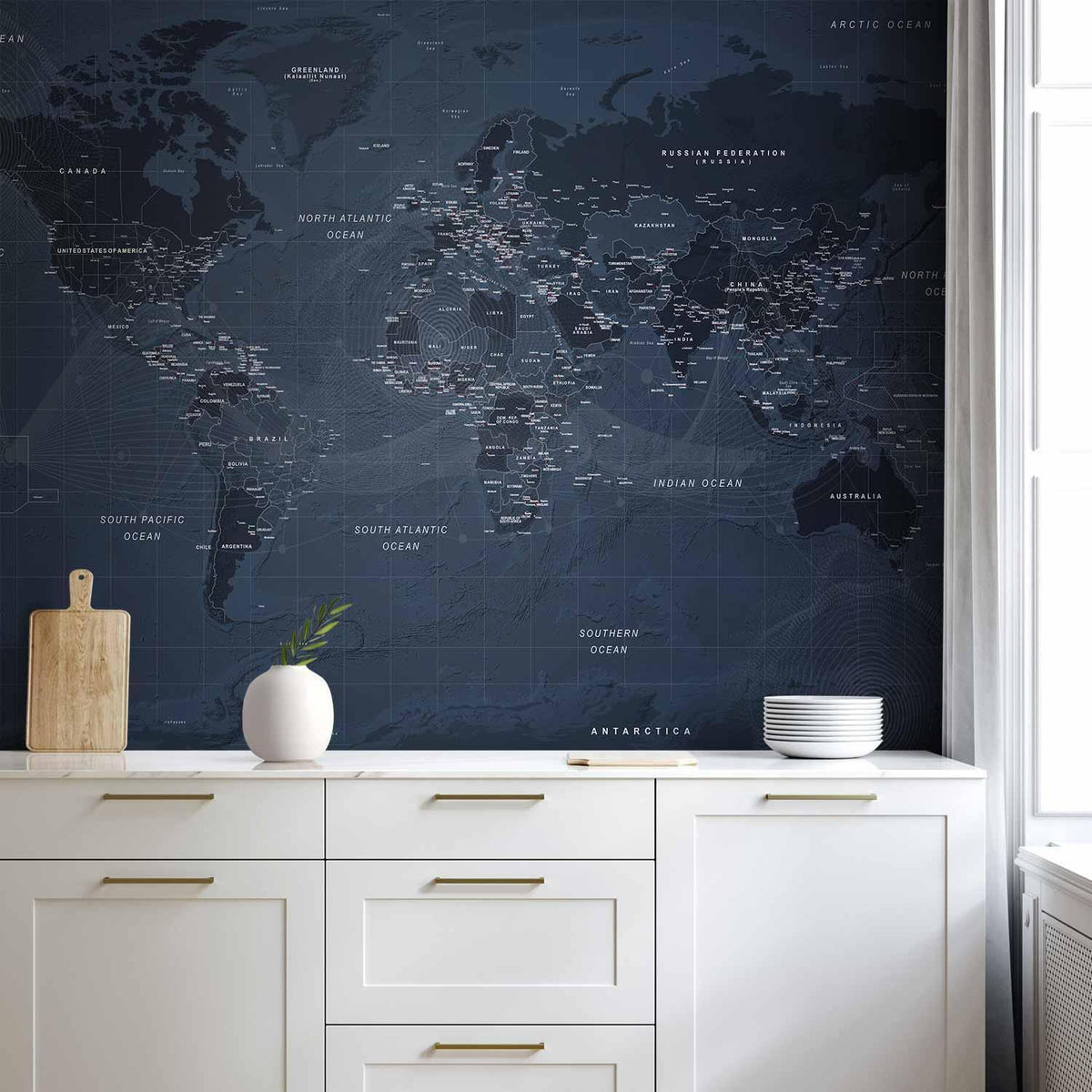 Fototapete - World map in blue - continents with inscriptions in English