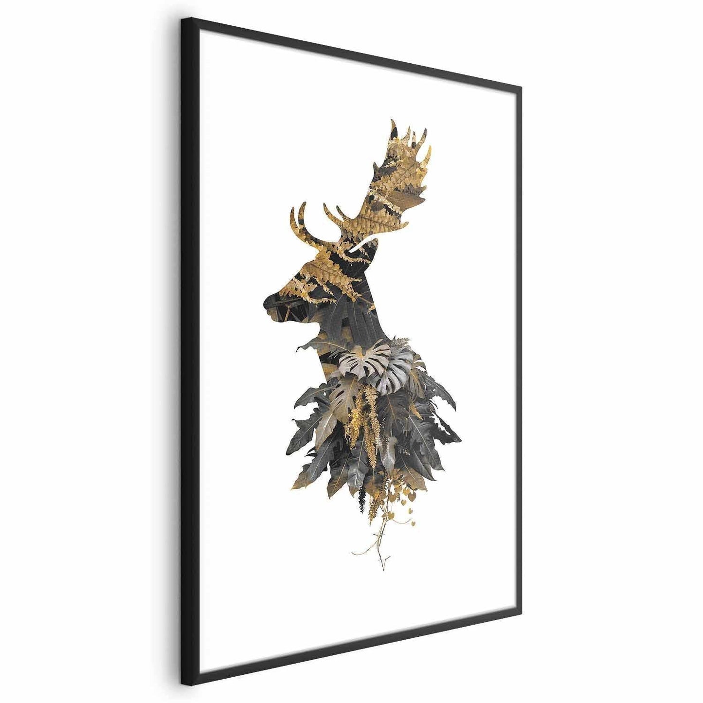 Poster - Forest Deer wall art with deer silhouette made from leaves and nature details in a black frame.