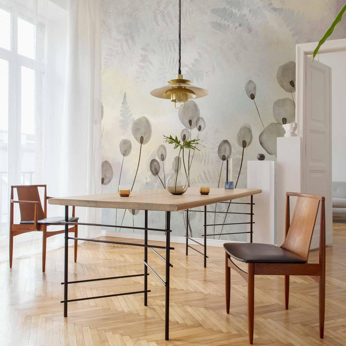 Fototapete - Minimalist meadow - floral motif in light shades with reflections