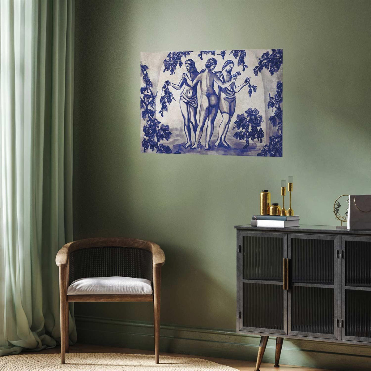 Poster - Ancient Vineyard - three women in a portal painted in blue ink
