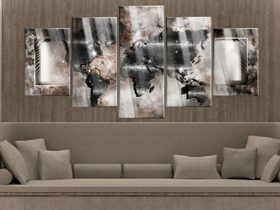 Wandbild Graphit-Weltkarte – 5-teiliges Acrylglasbild mit schwarzer Weltkarte im Vintage-Look