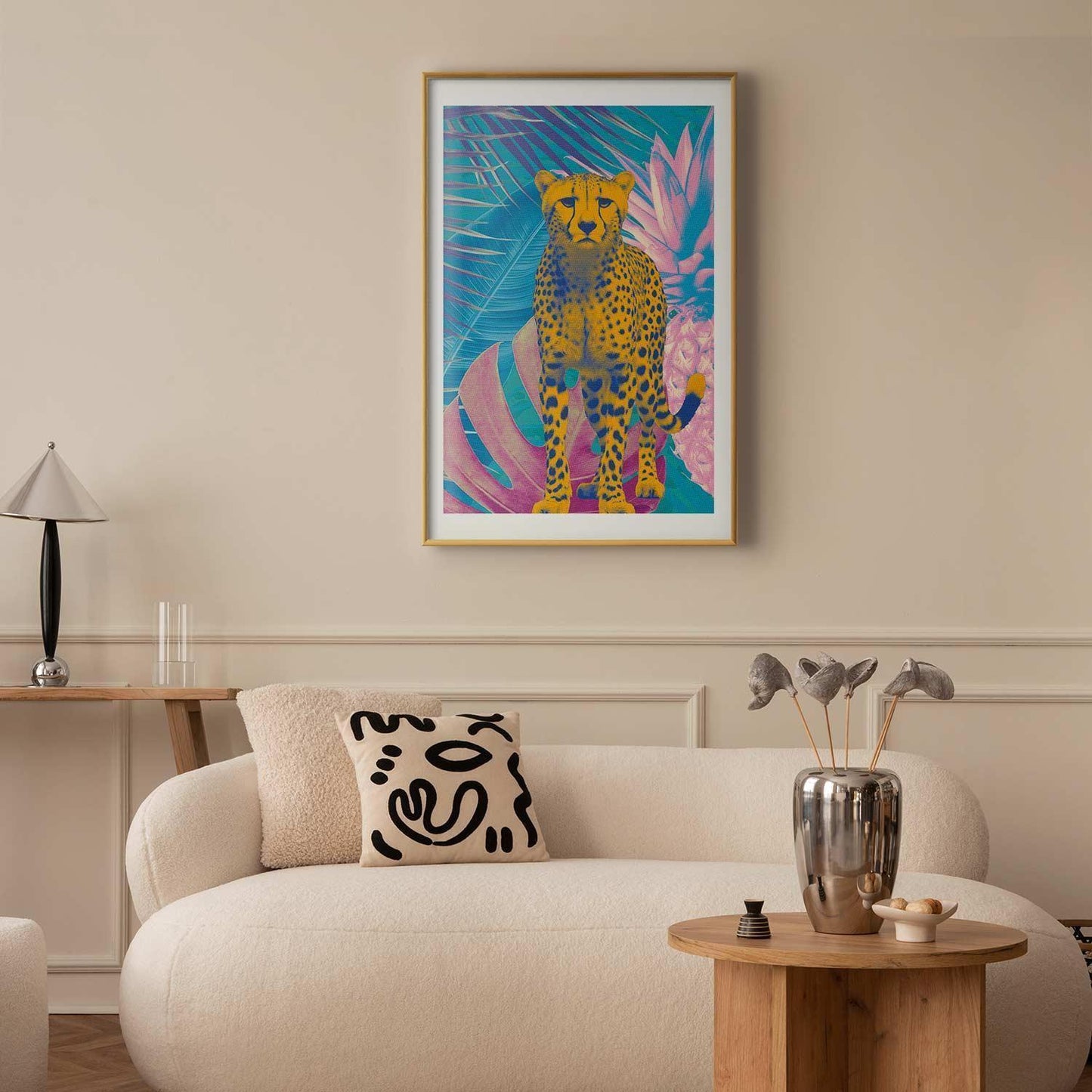 Poster - Exotic Leopard - colorful portrait of a cheetah against tropical leaves