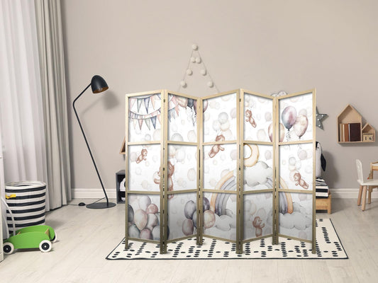 Japanischer Paravent - Plush Bears with Balloons - Flying light-brown bears among balloons - clouds - and rainbows in subdued - pastel colors