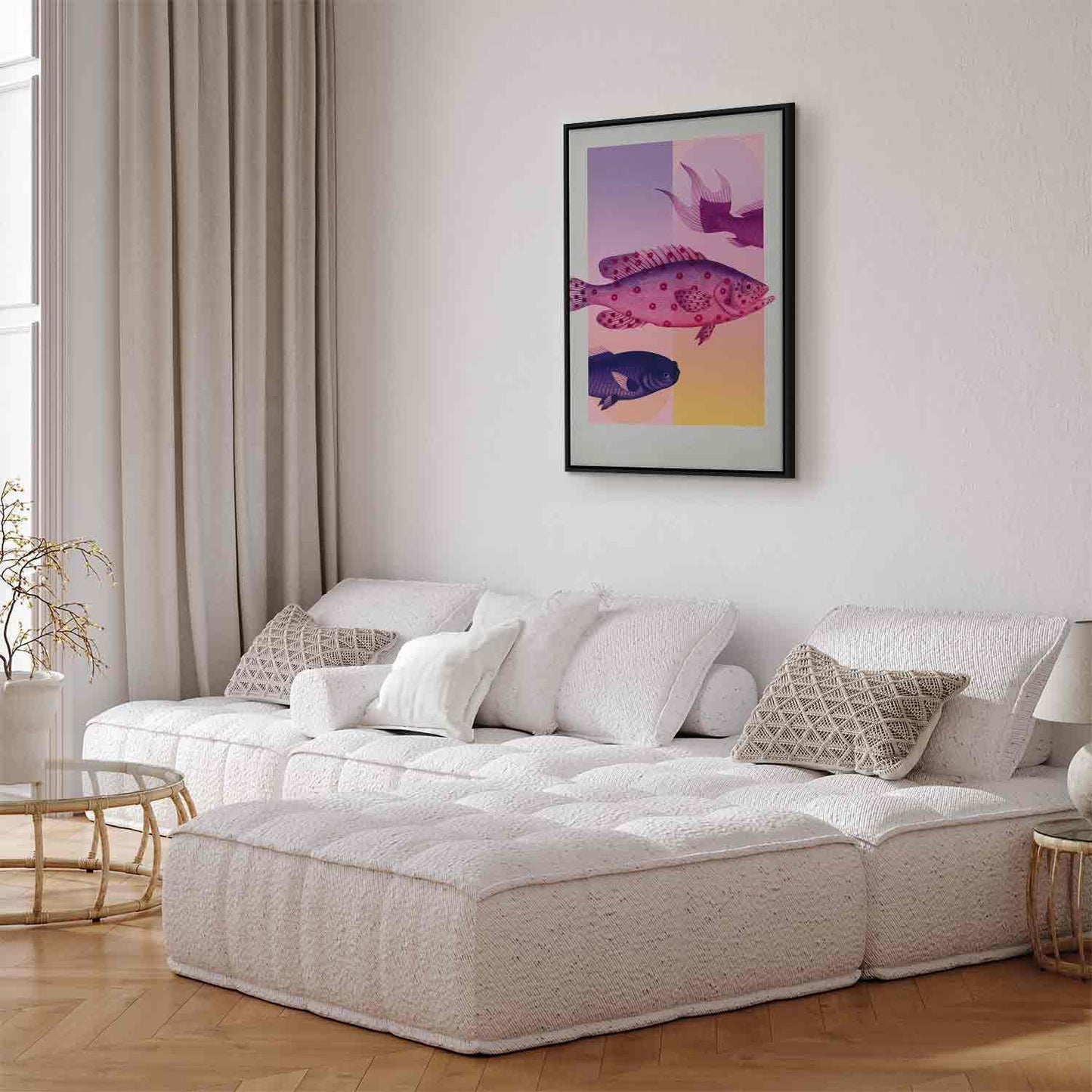 Leinwandbild - Fish in Pastels - Stylized Fish Against Gradient Shapes Artgeist
