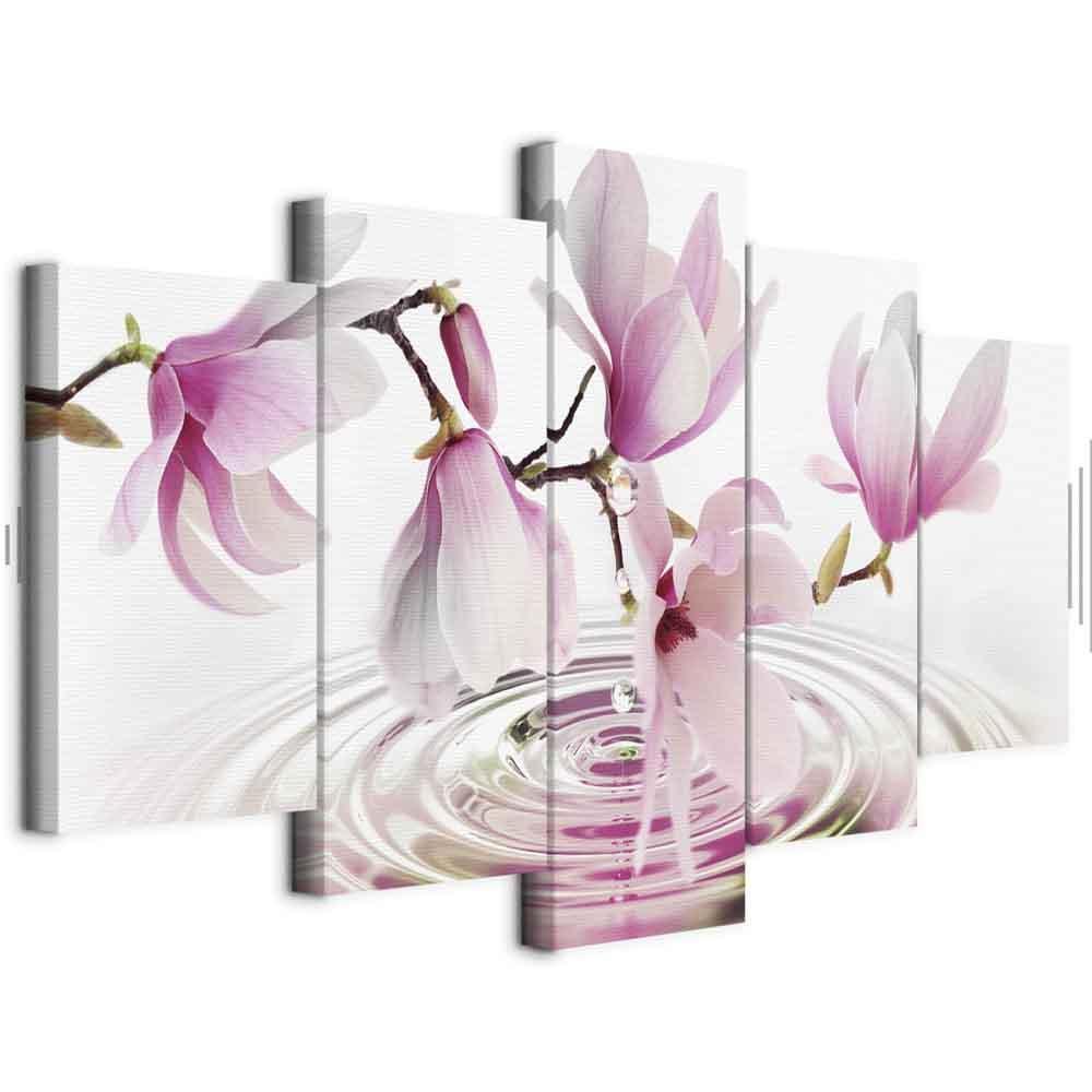 Leinwandbild Magnolien über Wasser – 5-teilig Panorama Rosa