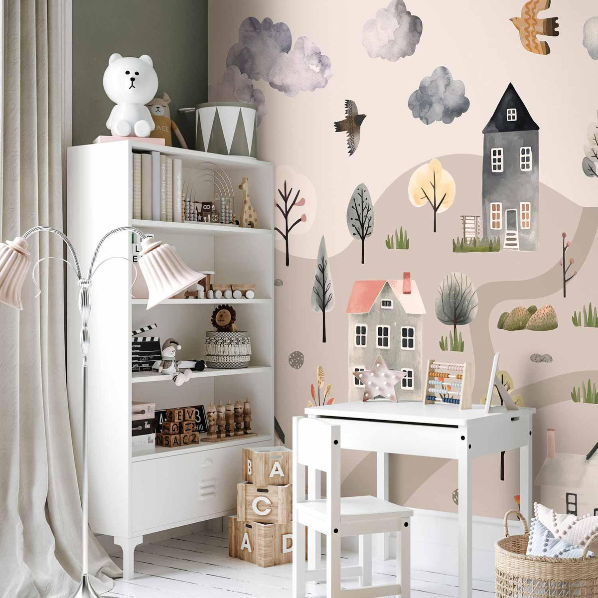 Skandinavisches Bergdorf Aquarell – Pastell Fototapete für Kinderzimmer