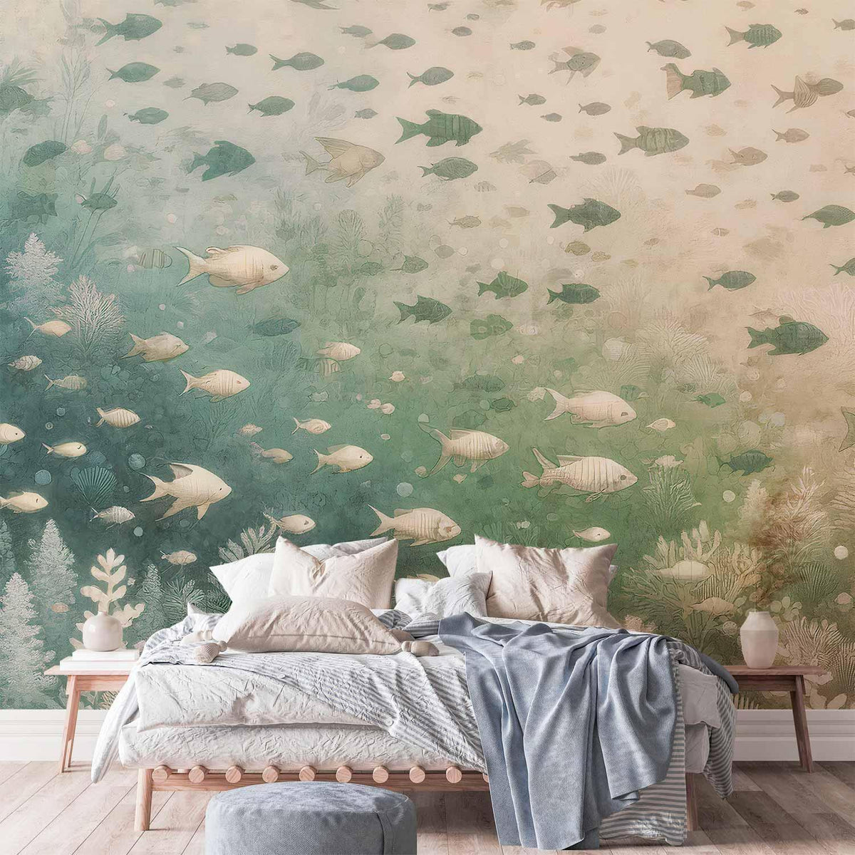 Fototapete Korallenriff – Fische und Meerespflanzen in Mintgrün