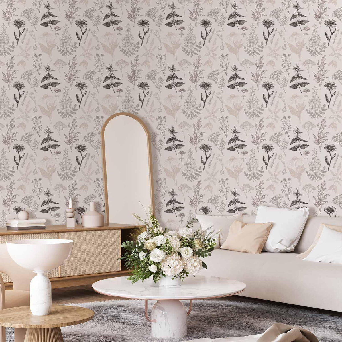 Tapete - Flowers and herbs in warm greys