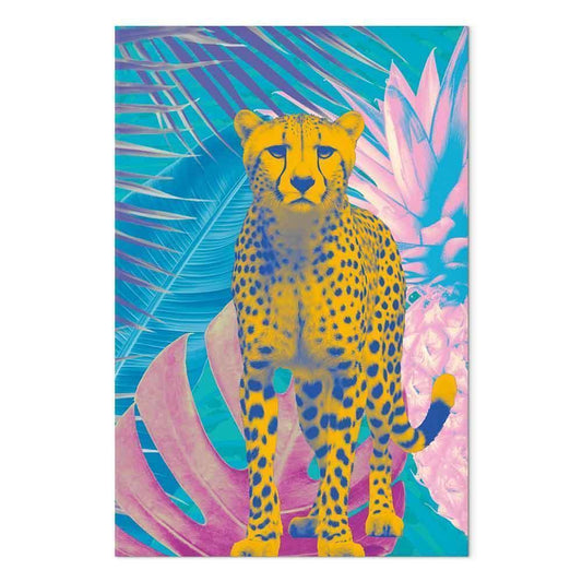 Leinwandbild - Exotic Leopard - Colorful Portrait of a Cheetah Against Tropical Leaves