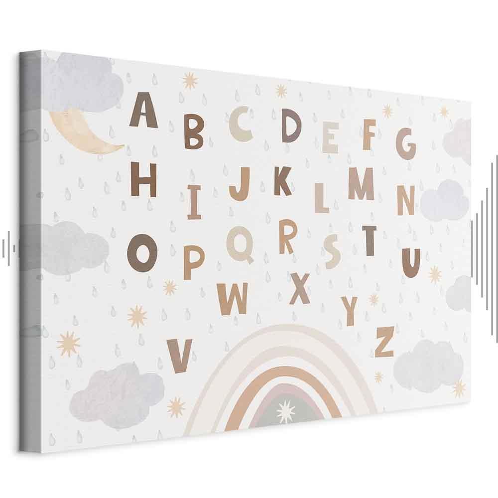 Leinwandbild - Letters Above the Rainbow - Letters Among Streams of Rain and Clouds with a Rainbow Moon and Stars on a Light Background