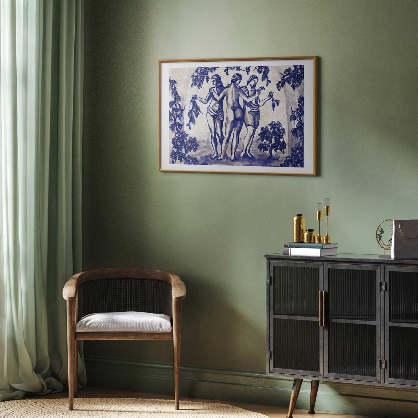 Poster - Ancient Vineyard - three women in a portal painted in blue ink Artgeist