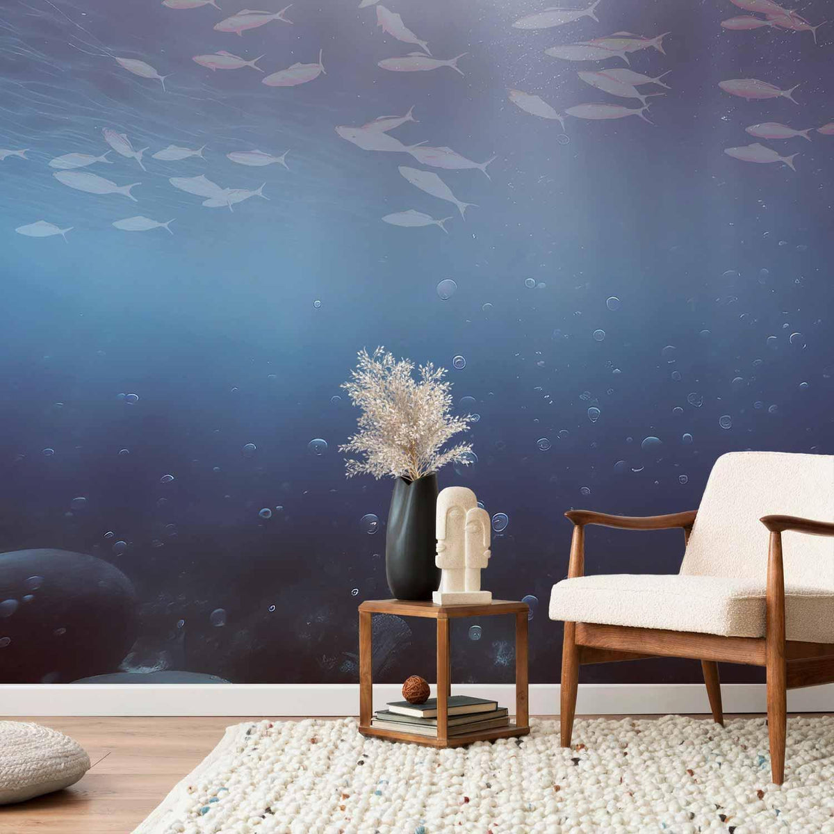 Fototapete Fische in der Tiefe – Ozean Unterwasserwelt in Blautönen