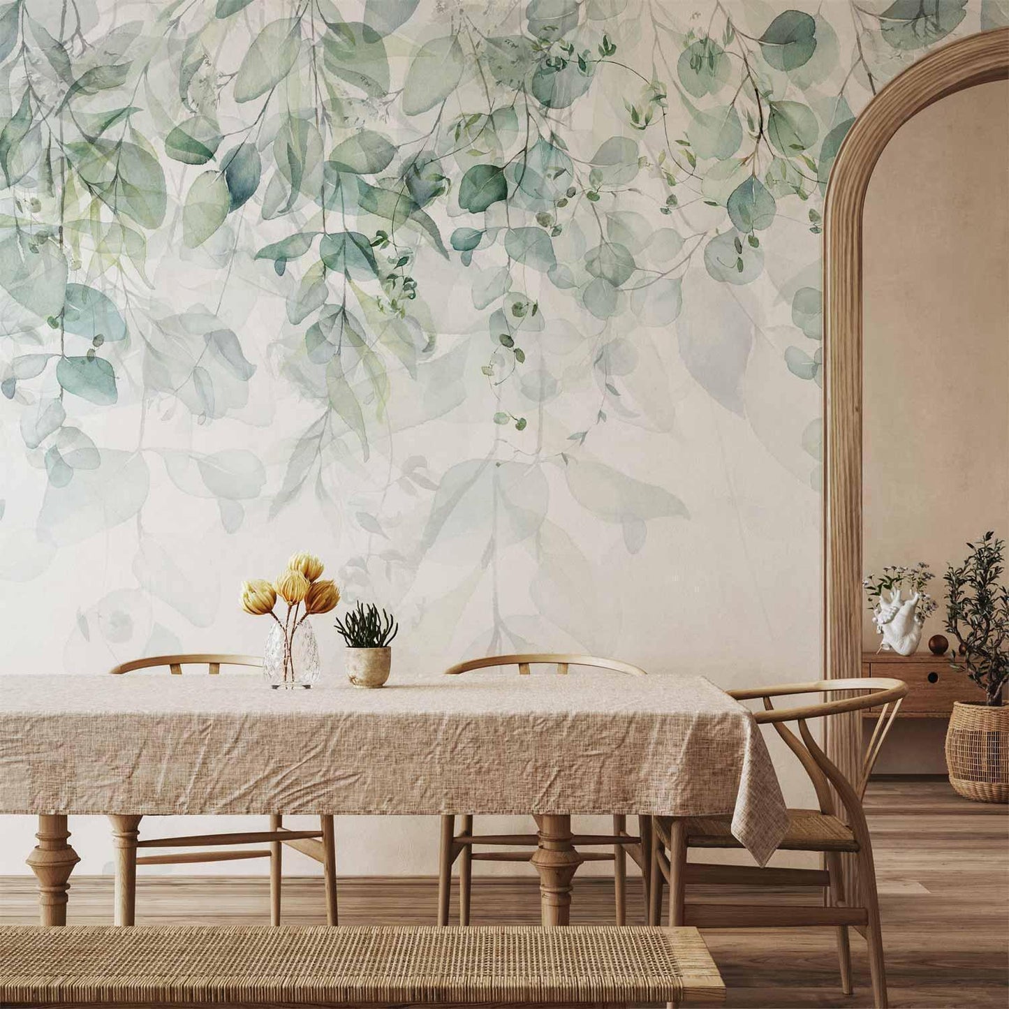 Naturinspirierte Fototapete mit botanischen Blättermotiven in Braun- und Grüntönen auf hellem Hintergrund - Sawelt