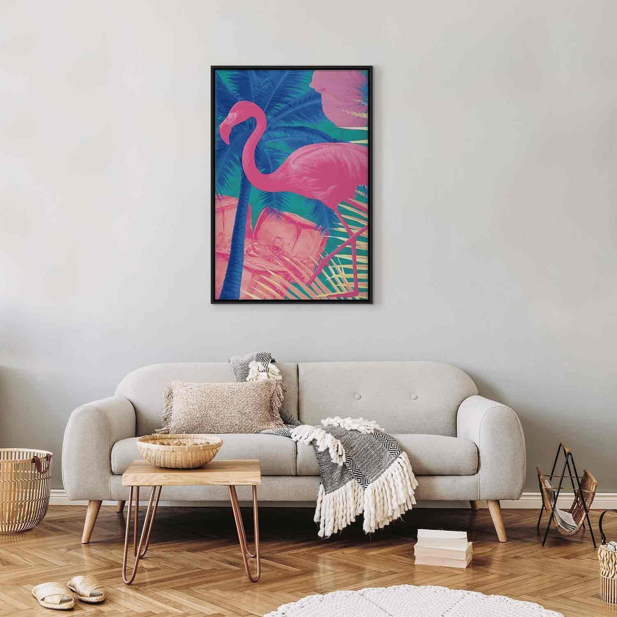 Leinwandbild - Pink Flamingo - Abstract Flamingo Against Palms and Ice Cubes