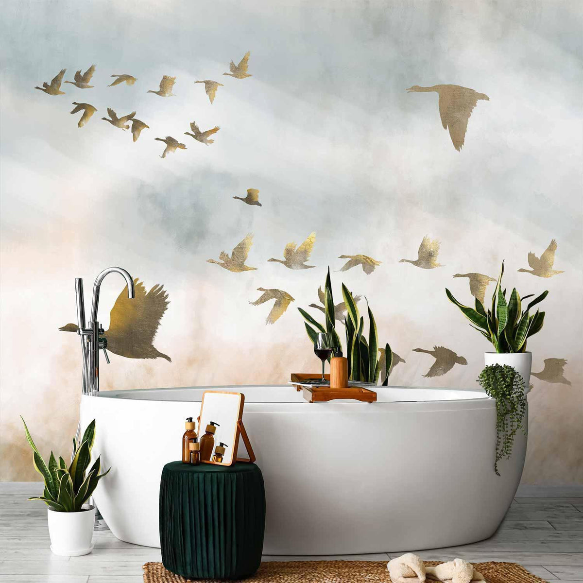 Fototapete Goldene Gänse - Elegante Illustration auf Beige