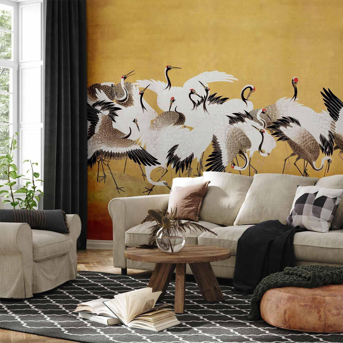 Fototapete Kranichtanz - Vogelschwarm auf Gold nach Ishida Yūtei