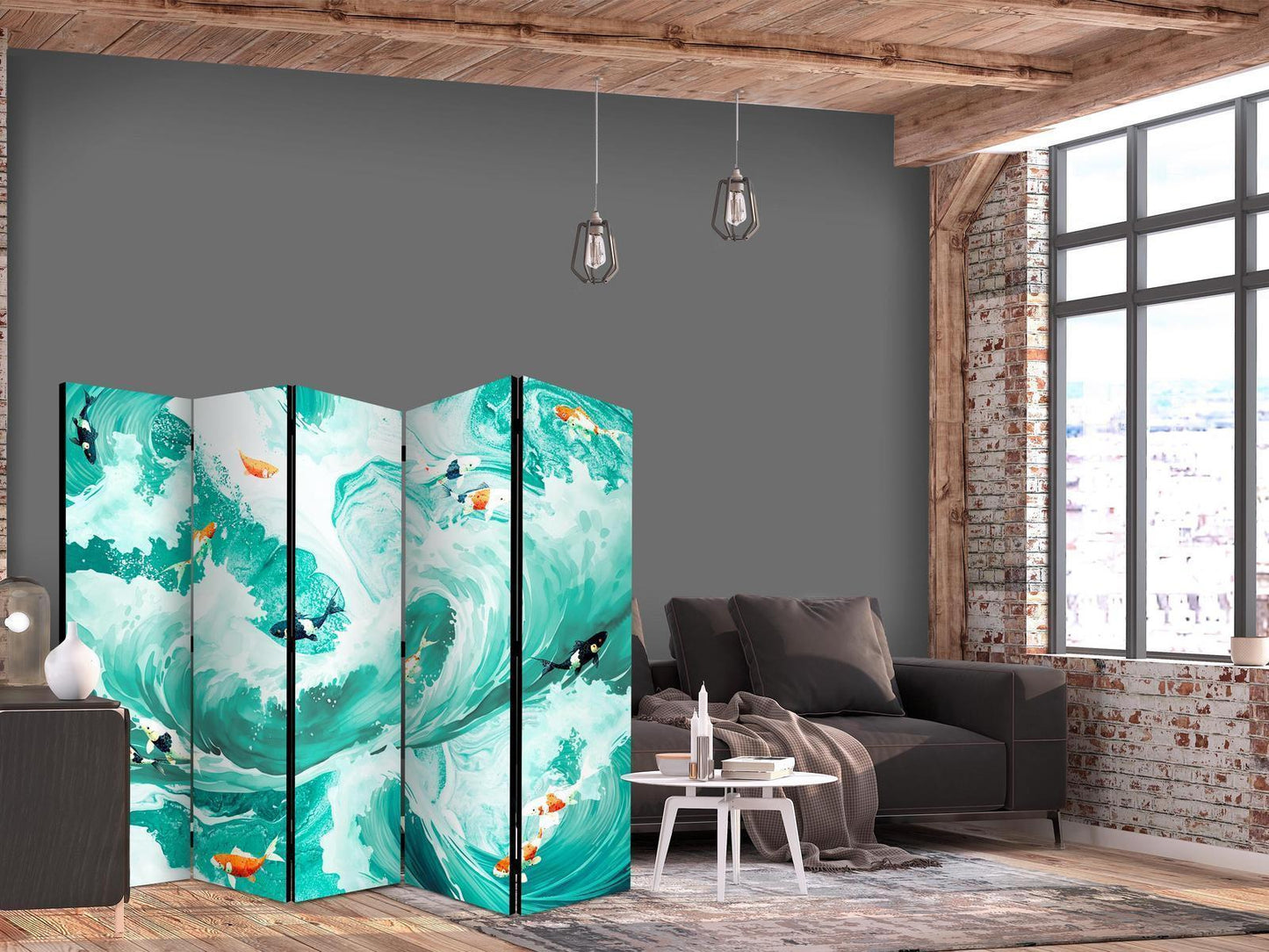 Paravent - Koi Fish Among Waves - Japanese Fish Amid Waves in Shades of Turquoise And White Artgeist