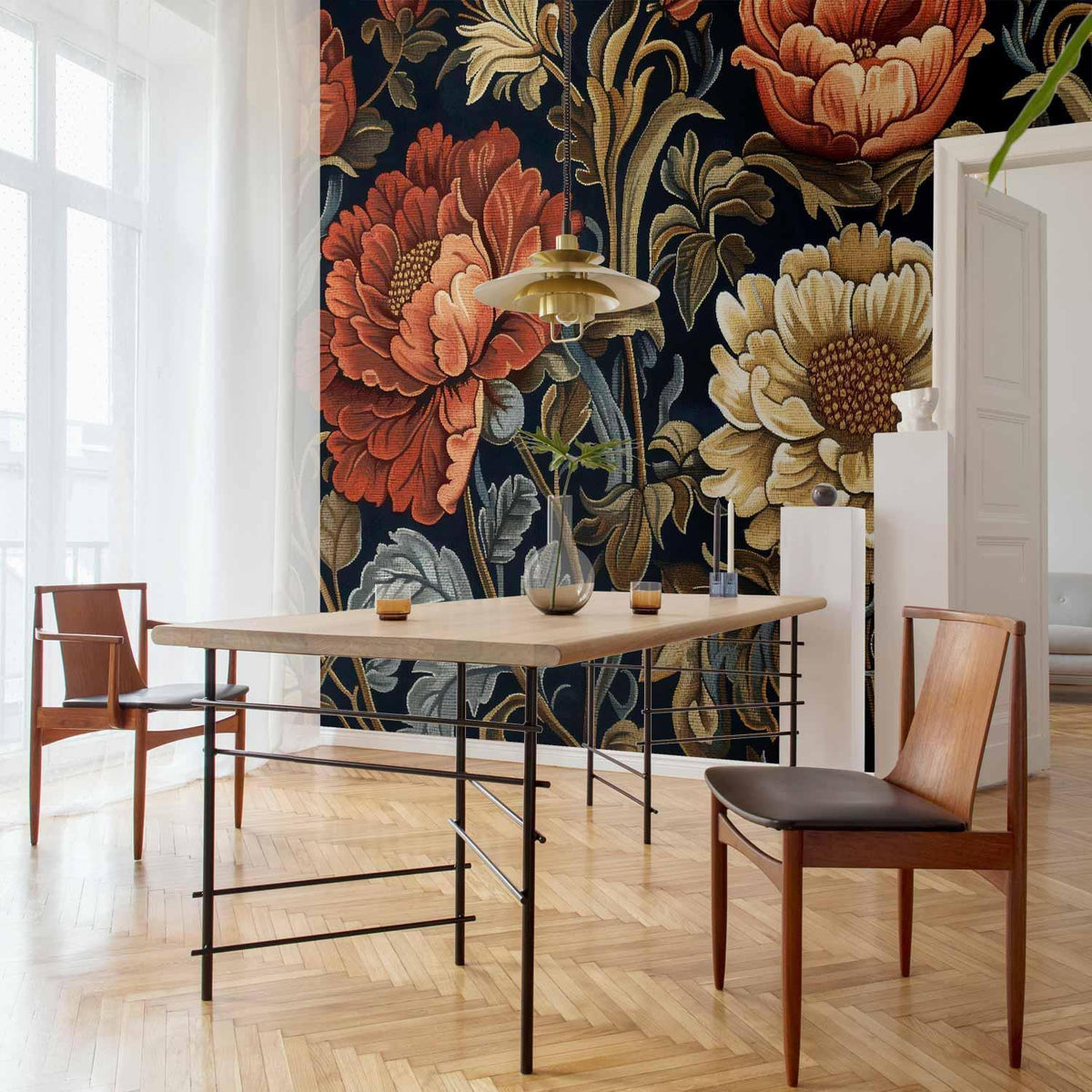 Fototapete - Tapestry Large Flowers Retro Floral Motif in Kilim Style