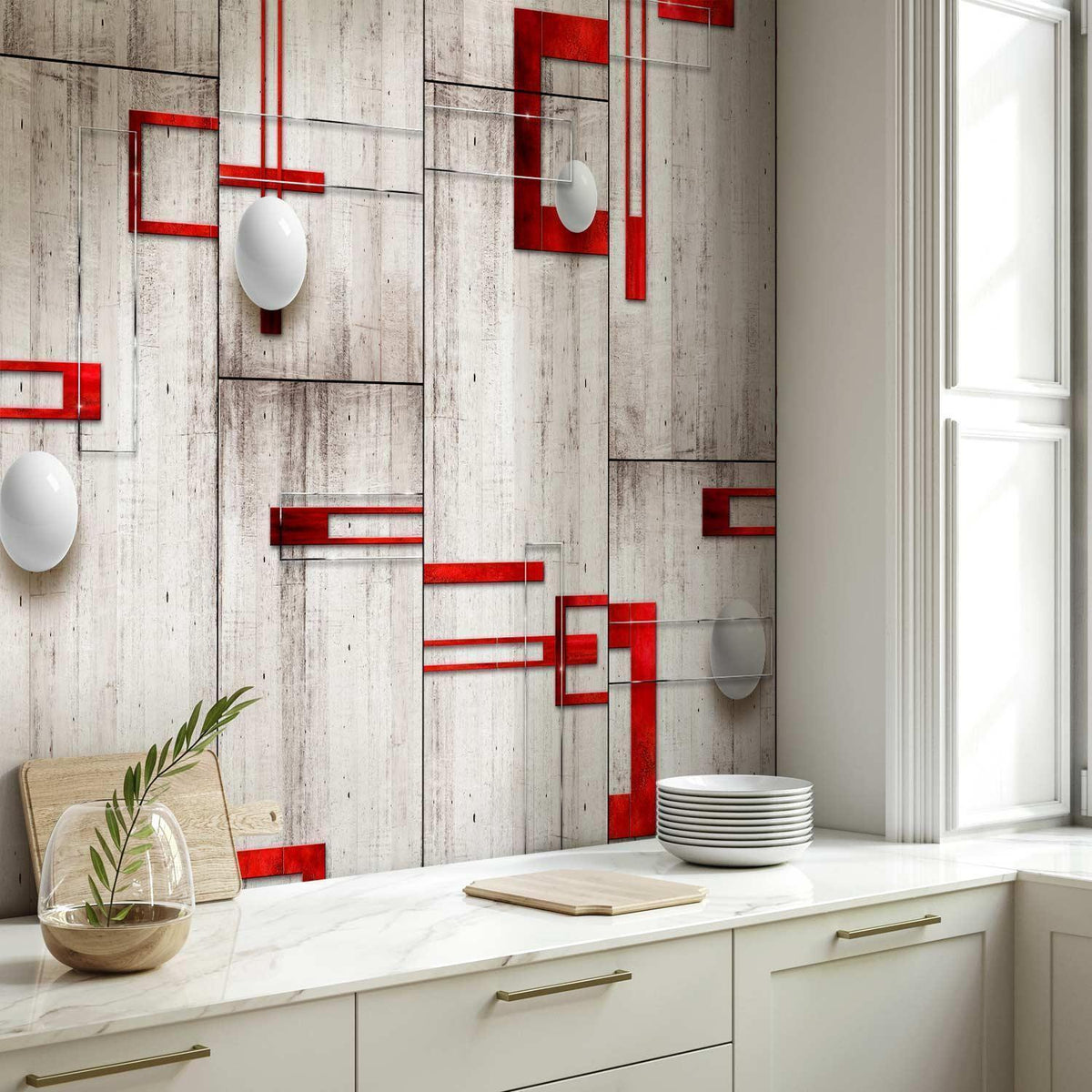 Tapete - Concrete, red frames and white knobs
