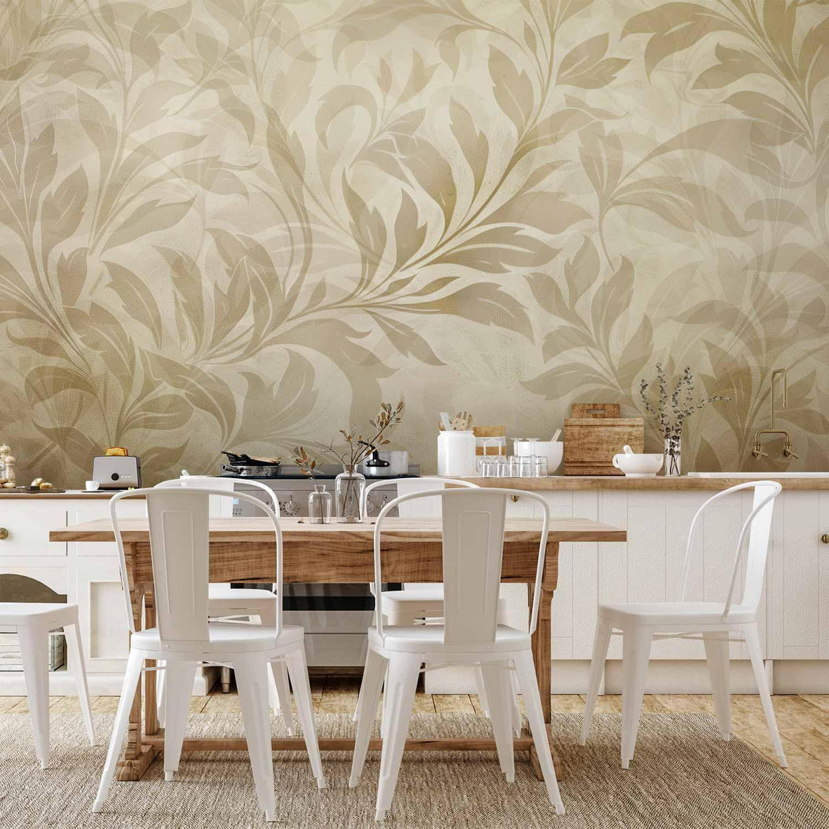 Fototapete - Botanical Motif with Leaves and Vines in Sand Colors