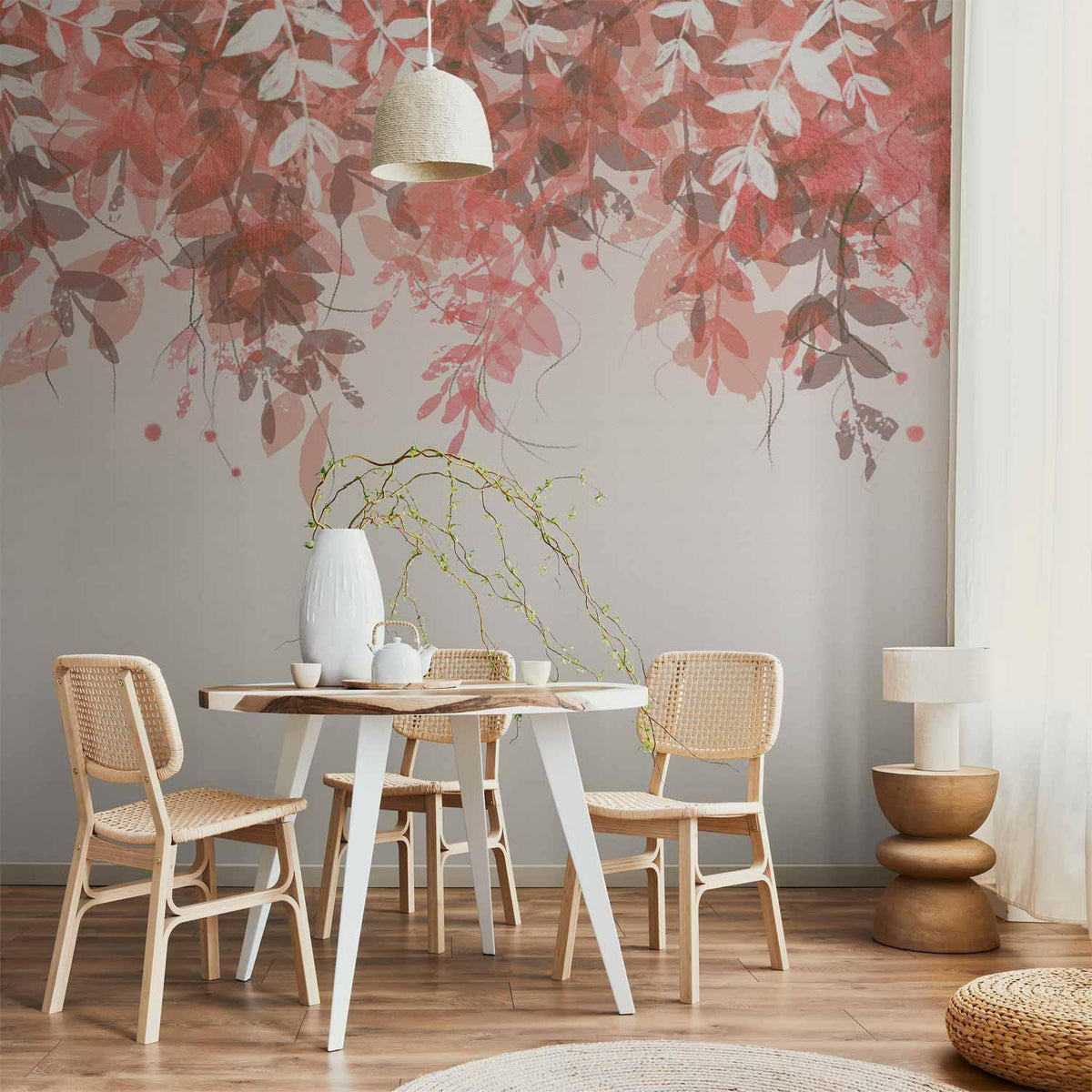 Fototapete Rosa Ranken – Botanische Vegetation auf neutralem Hintergrund