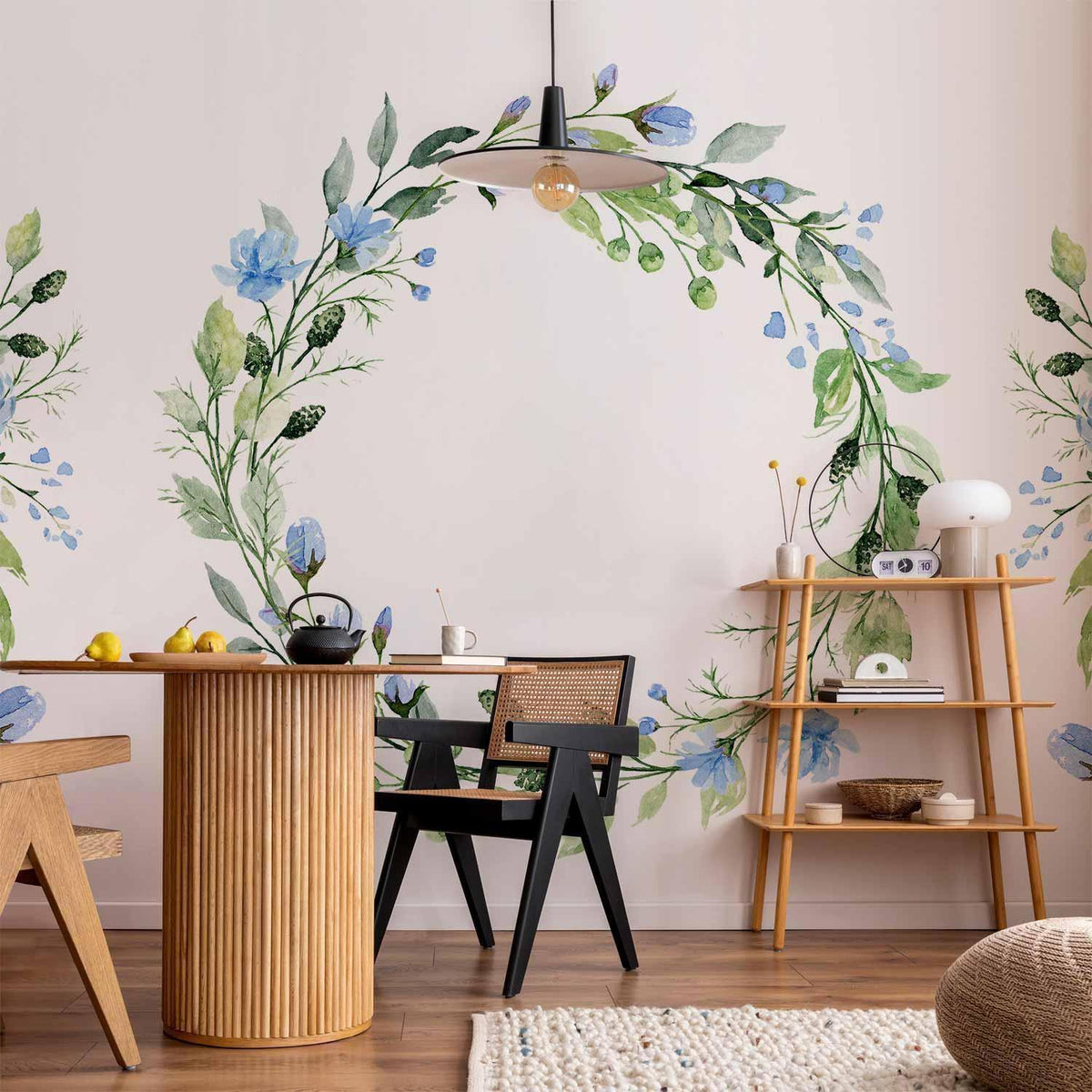 Fototapete - Romantic wreath - plant motif with blue flowers and leaves