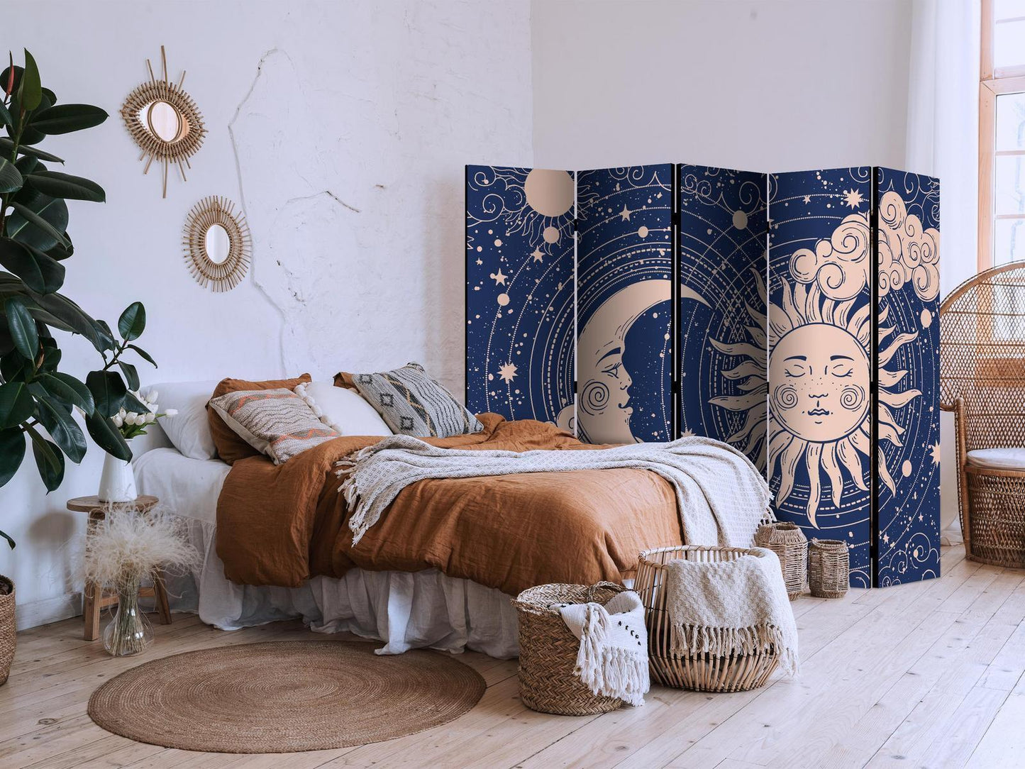 Paravent - Cosmic Harmony - Illustration of the Sun and Moon on a Navy Background Artgeist
