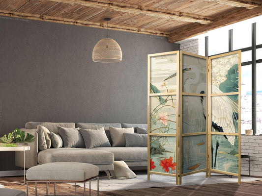 Japanischer Paravent - By an Asian pond - an illustration in the style of a Japanese engraving, depicting a heron