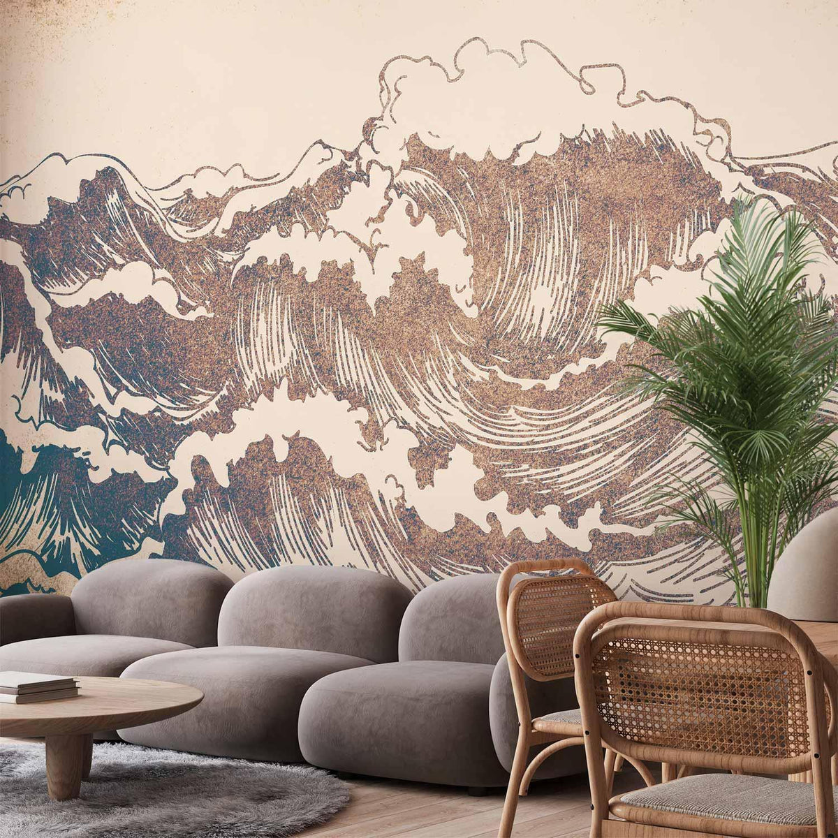 Fototapete Große Welle – japanischer Holzschnitt-Stil in Bronze und Teal