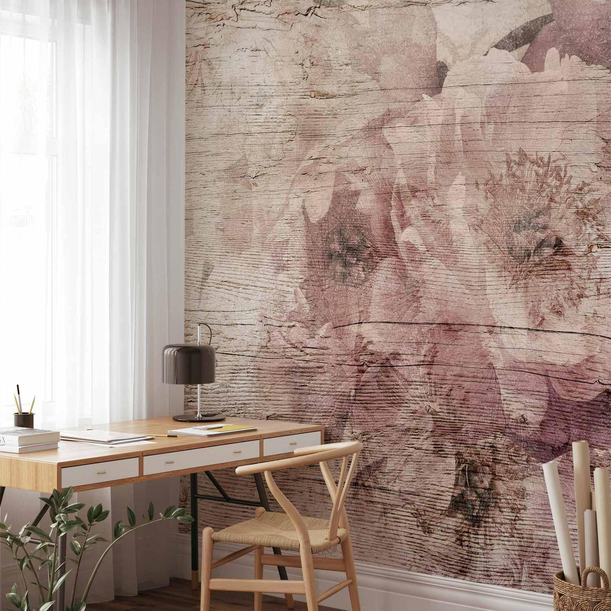 Fototapete Blumen auf Brettern - Romantische Holzoptik im Landhaus-Stil