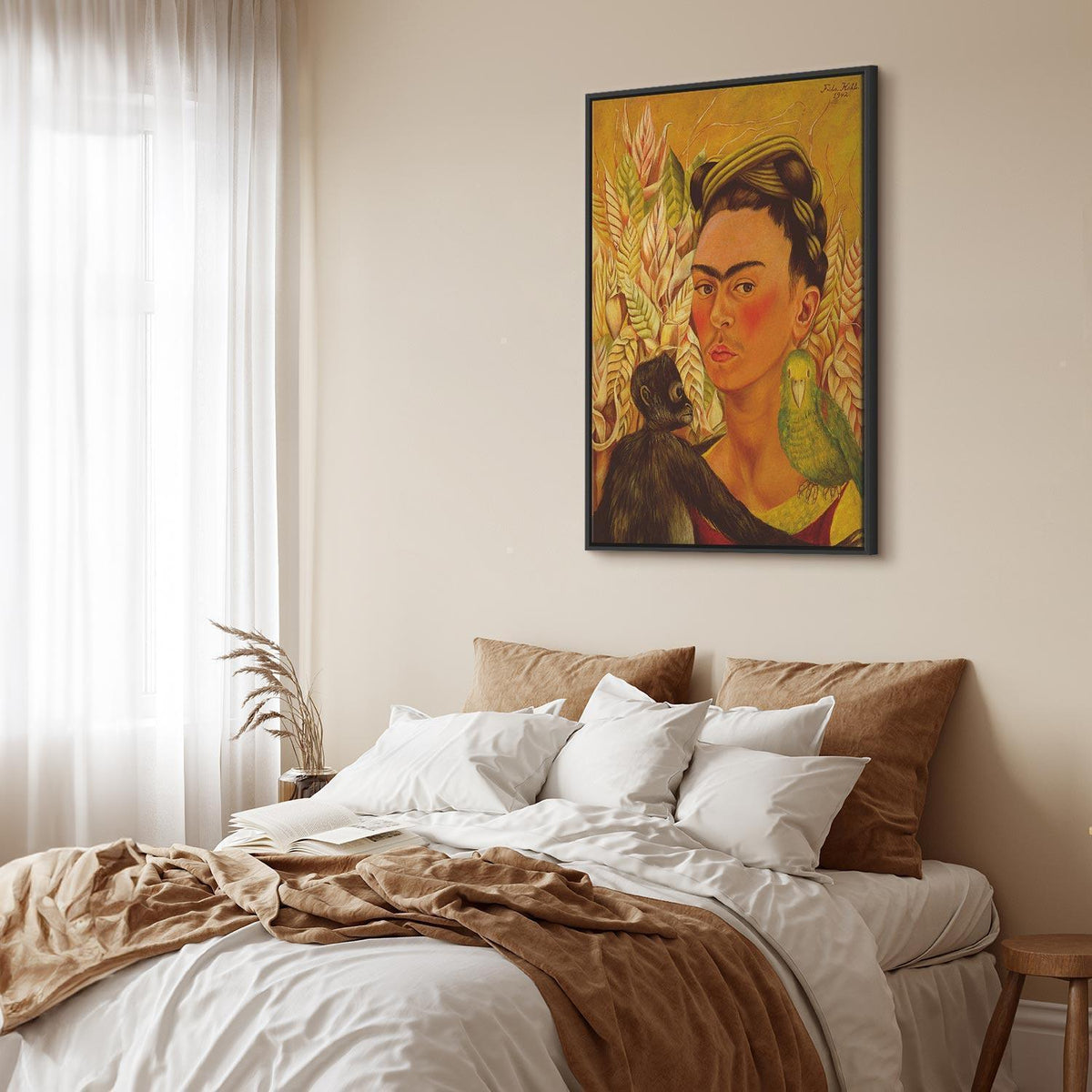 Leinwandbild - Frida Kahlo – Self-Portrait with Monkey and Parrot