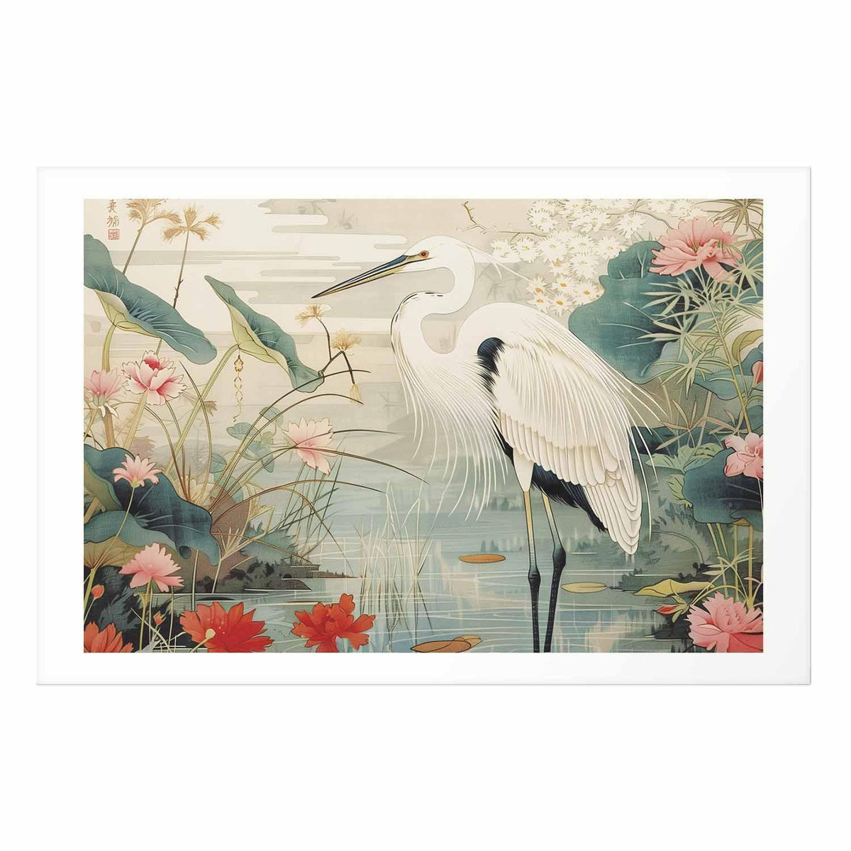 Poster - Over the Asian Pond - illustration in the Japanese print style featuring a heron