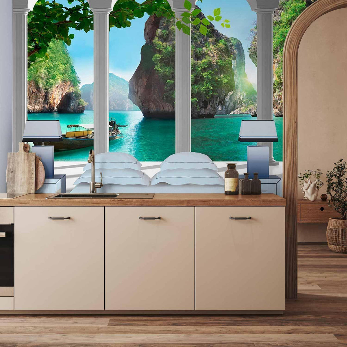 Fototapete Auf der Terrasse – Mediterrane Meerblick-Idylle mit Säulen
