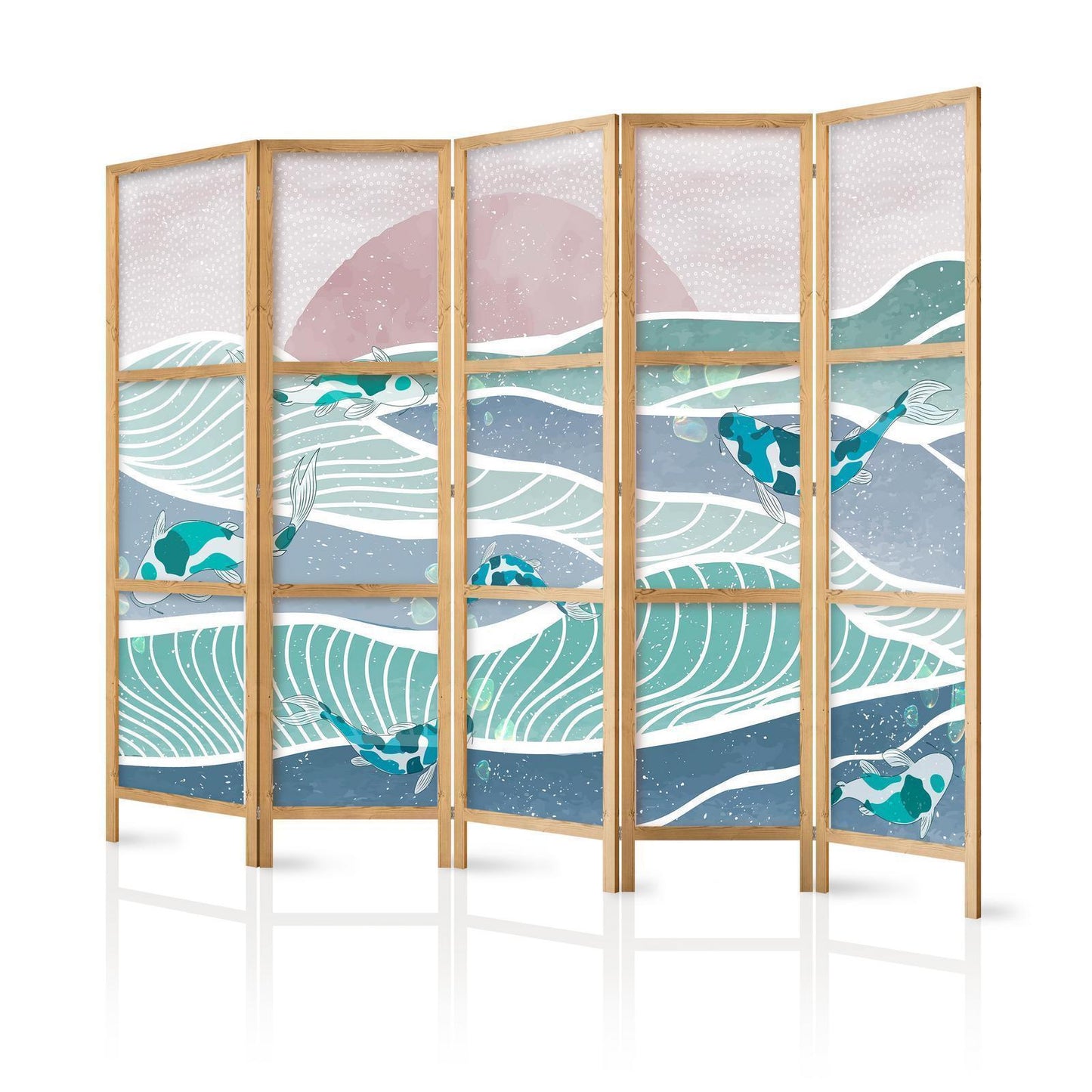 Japanischer Paravent - Koi Fish Among Waves - Japanese Fish Among Waves in Shades of Turquoise and White Artgeist