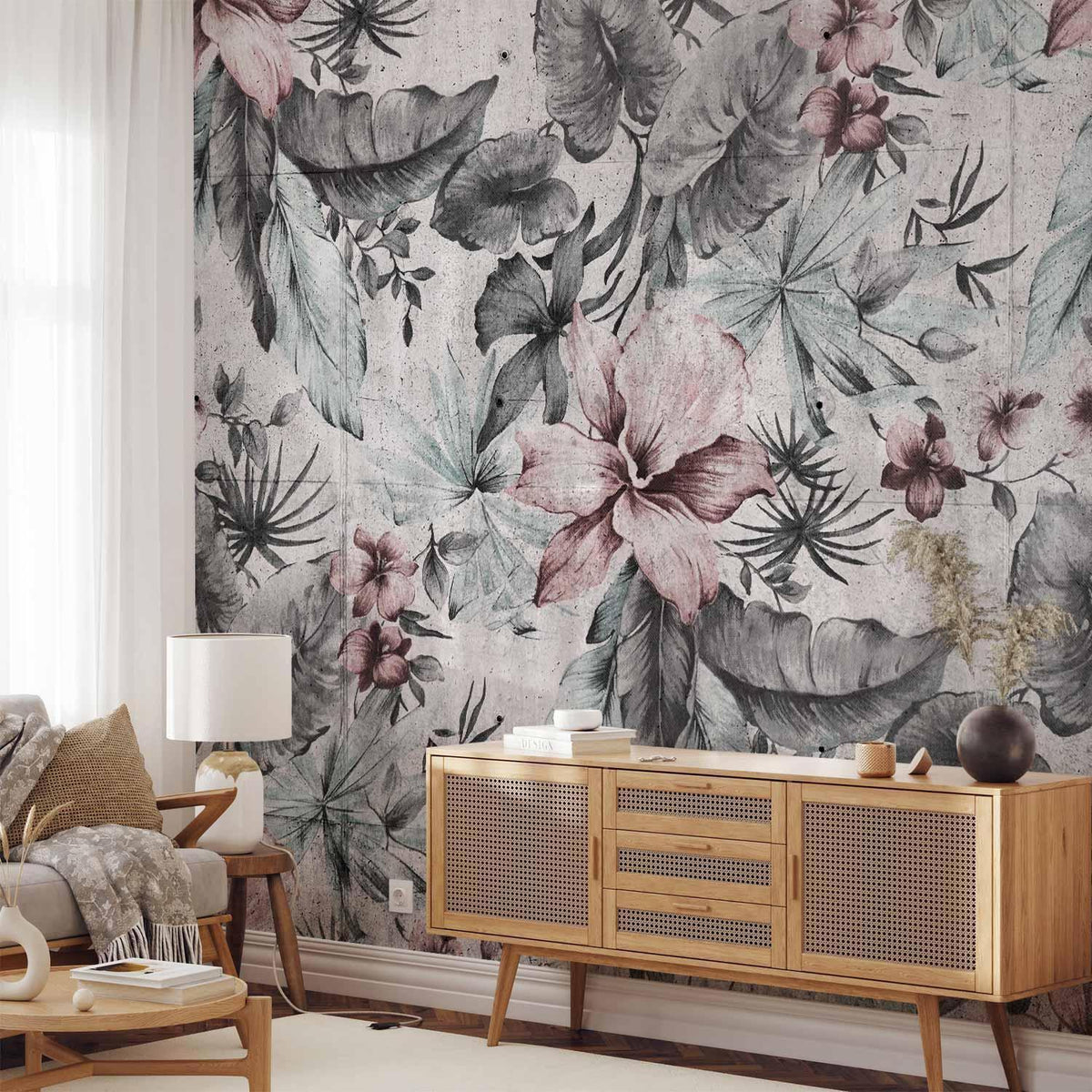 Fototapete Pflanzen im Retro-Stil – Blumen und Blätter in Grautönen