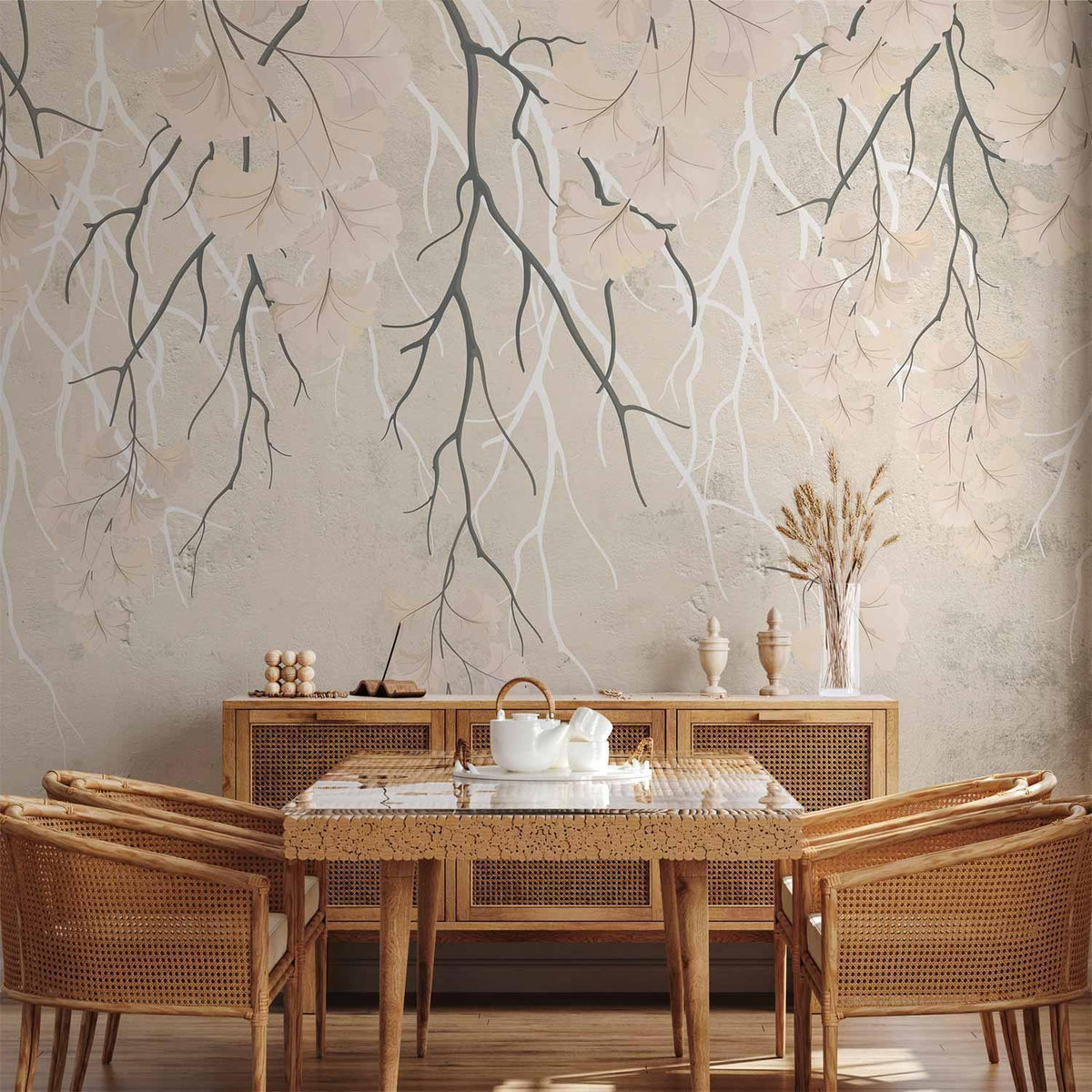 Fototapete - Abstract falling leaves - subtle nature motif with branches