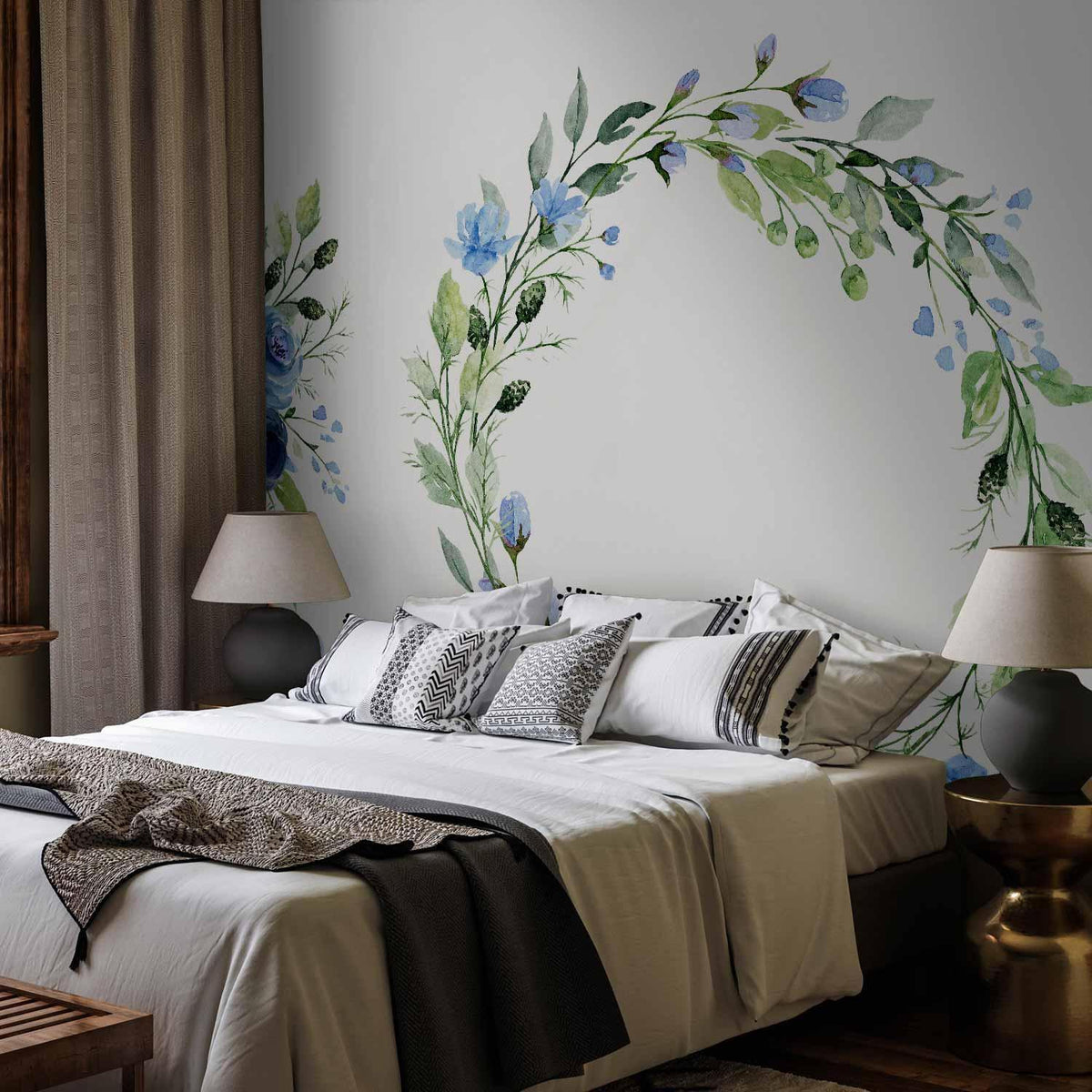 Fototapete - Romantic wreath - plant motif with blue flowers and leaves