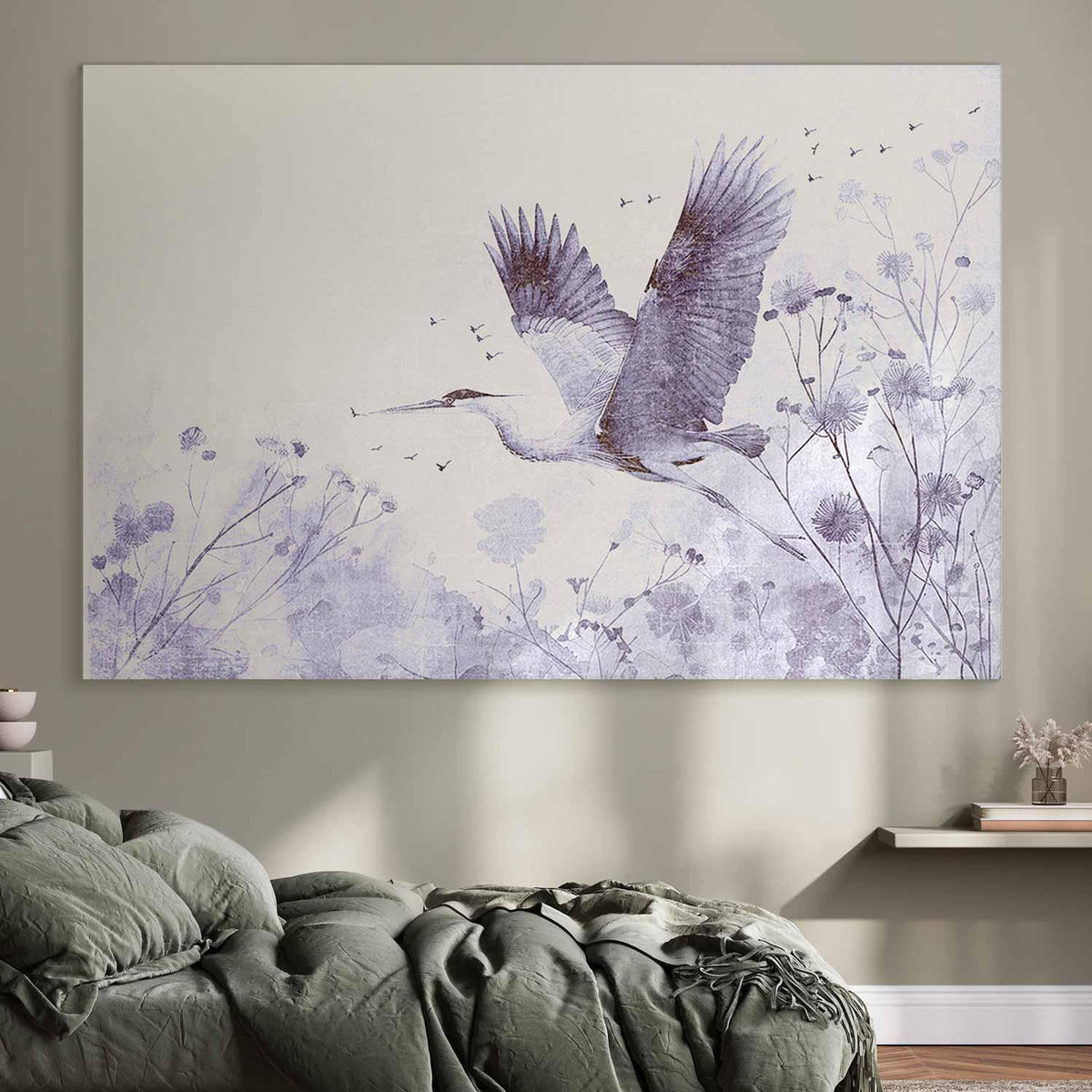Wandbild XXL - Majestic flight - a crane in flight in monochrome