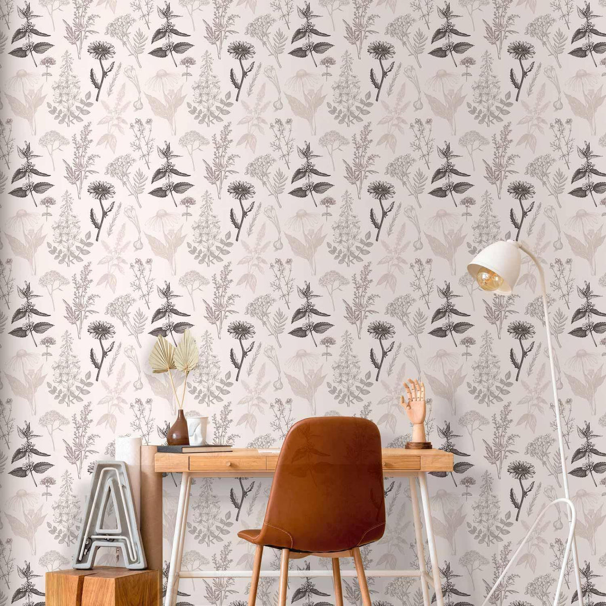 Tapete - Flowers and herbs in warm greys