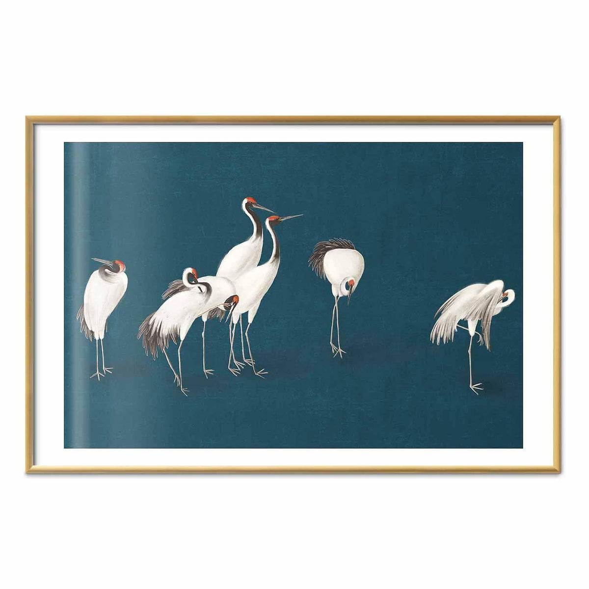 Poster - Evening at the Pond - group of cranes drawn in dry pastel on a dark turquoise background