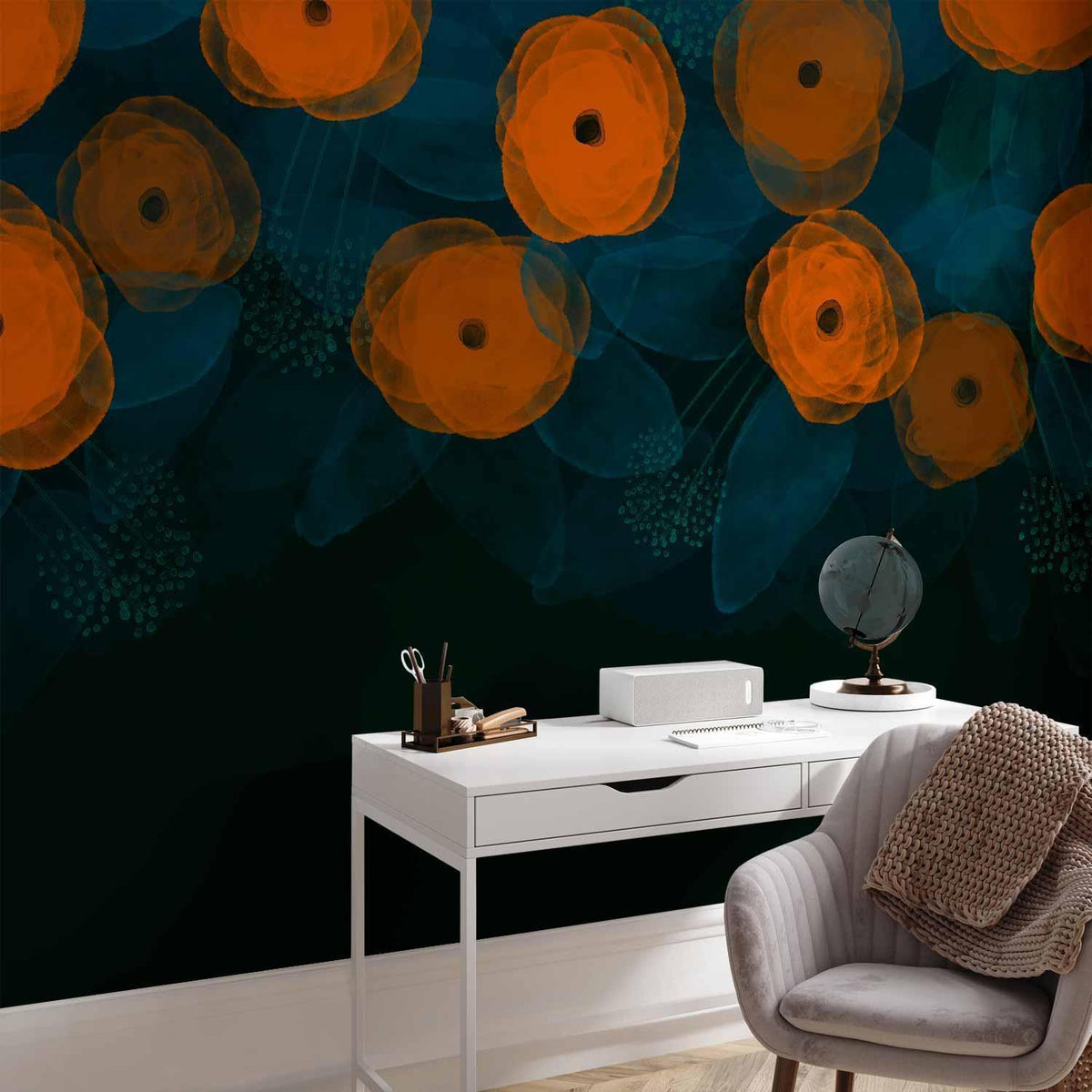 Fototapete - Watercolour composition - orange patterns on a delicate leaf background