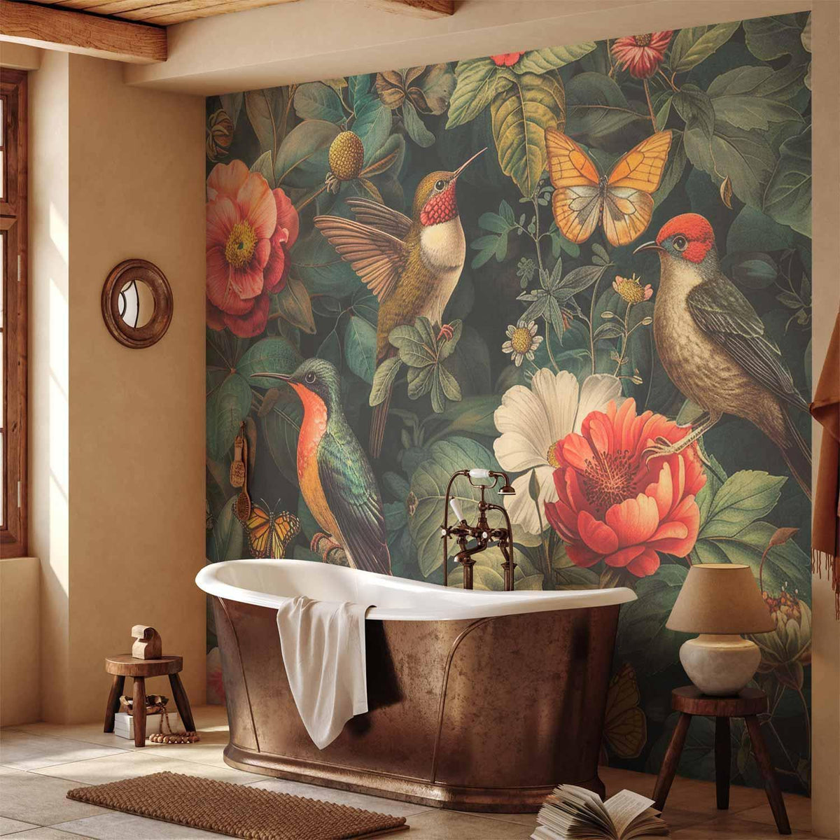 Fototapete Blumen und Vögel - Vintage Illustration mit Schmetterlingen