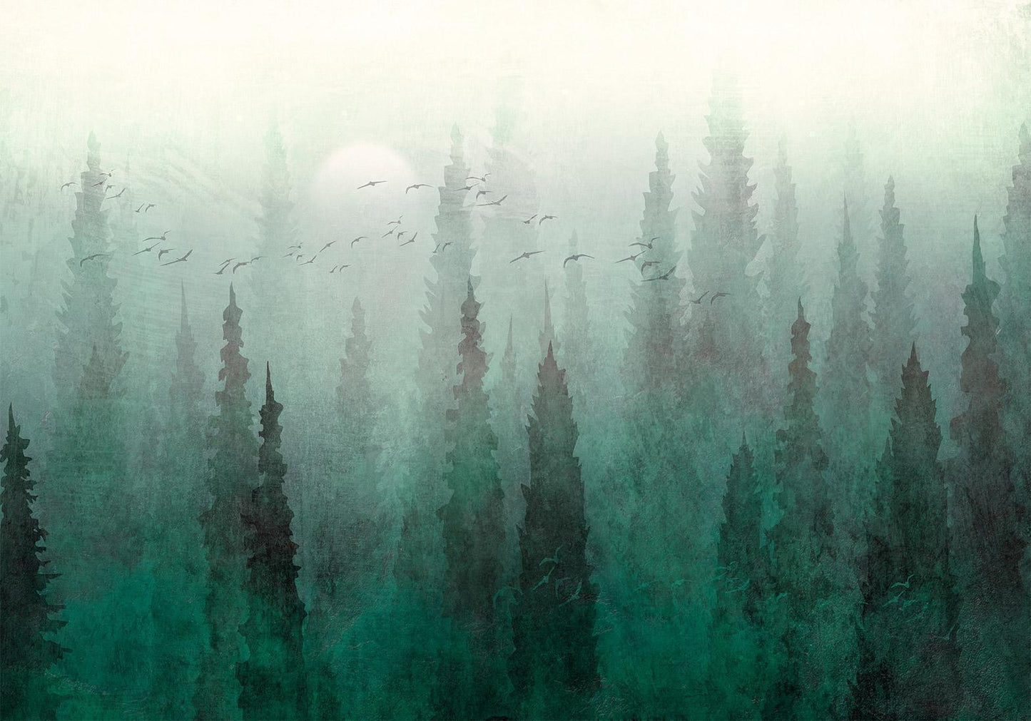 Fototapete - Bird's eye perspective - landscape of a green forest with trees in the mist Artgeist