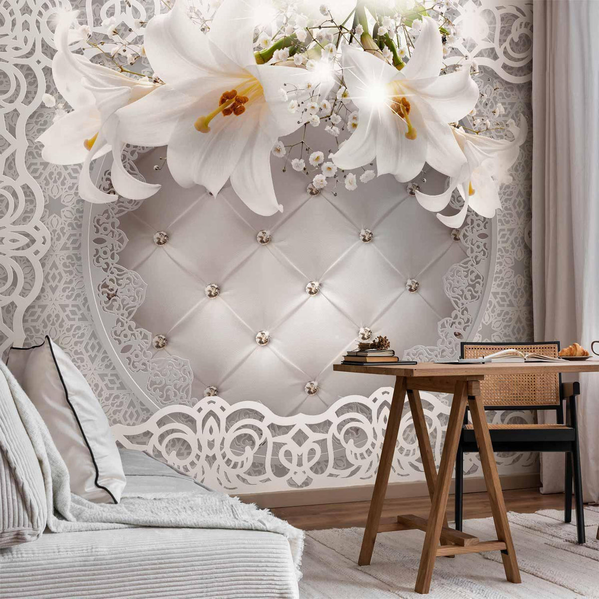 Fototapete - Lilies and Quilted Background