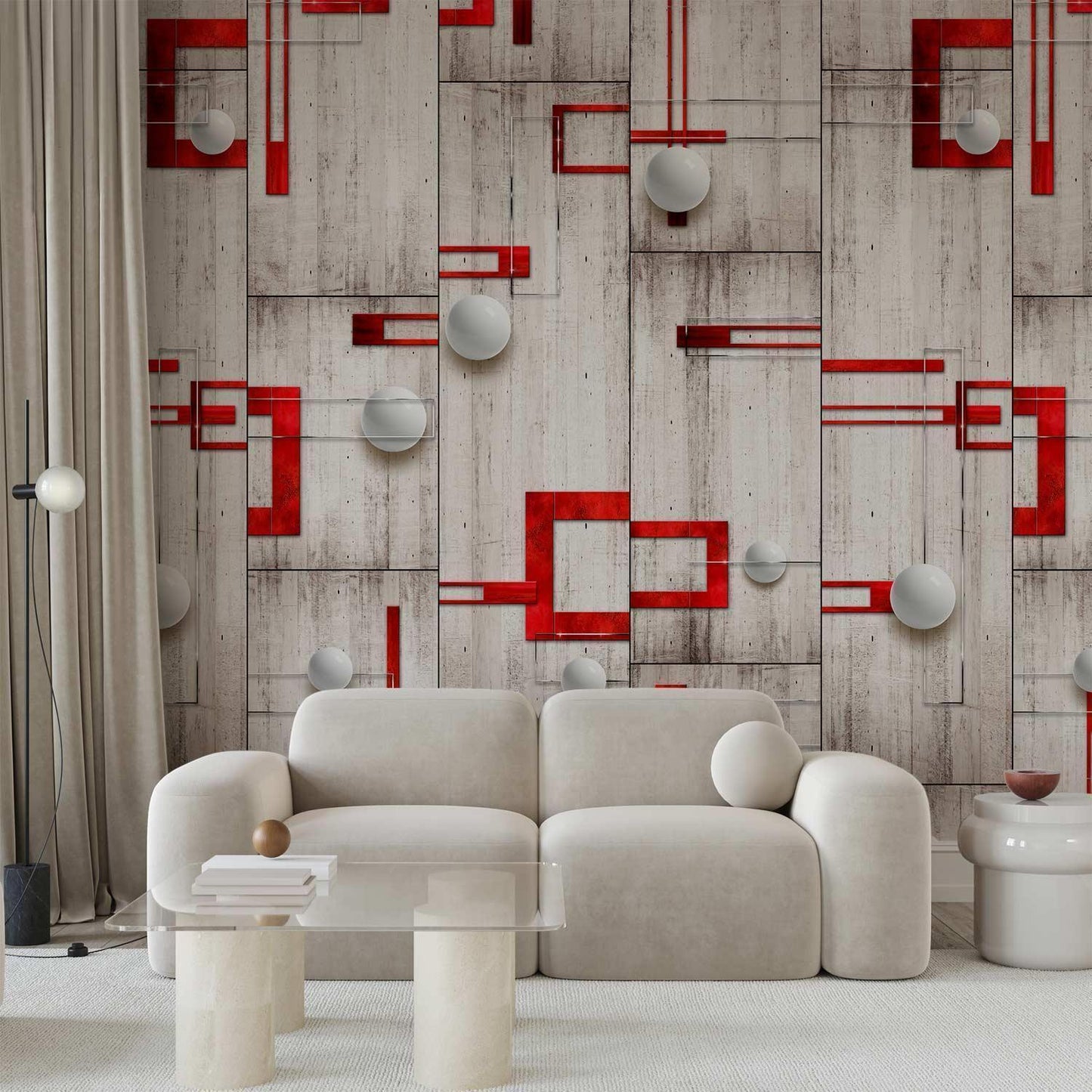 Tapete - Concrete, red frames and white knobs